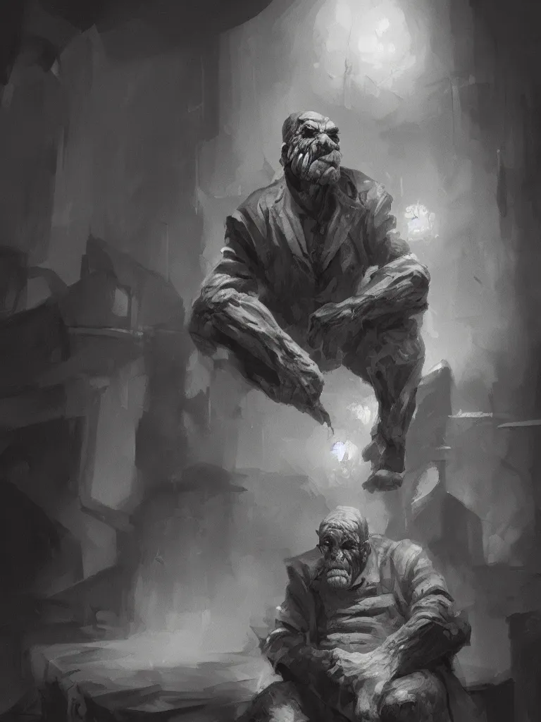 Prompt: mutated old man sitting ina dark factory environment, digital black and white painting by oleg vdovenko chuvabak and maxim verehin, flash photography, trending on artstation, character painting