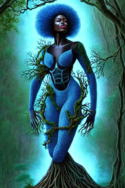 Image similar to hyperrealistic post - lowbrow super gorgeous! black woman with exoskeleton armor, merging with tree in a forest, highly detailed digital art masterpiece smooth cam de leon hannah yata dramatic pearlescent blue teal light ground angle hd 8 k sharp focus