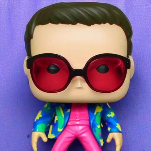 Prompt: a Funko Pop collectible of Elton John. big glasses. dressed in bright clothes