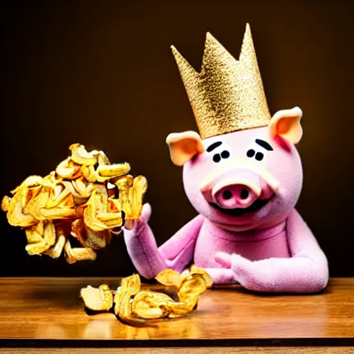 Image similar to studio photograph of a pig wearing a gold crown depicted as a muppet eating pork rinds surrounded by pickles