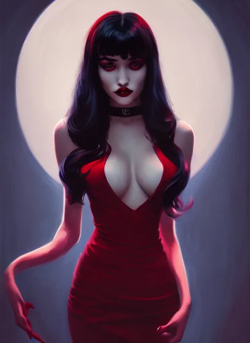 Prompt: portrait of vampire veronica lodge with bangs, vampire fangs, vampire, long hair, red clothes, bangs, vampironica, intricate, elegant, glowing lights, highly detailed, digital painting, artstation, concept art, smooth, sharp focus, illustration, art by wlop, mars ravelo and greg rutkowski