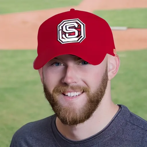 Image similar to tall white guy with a short blonde beard red nc state baseball hat and red shirt