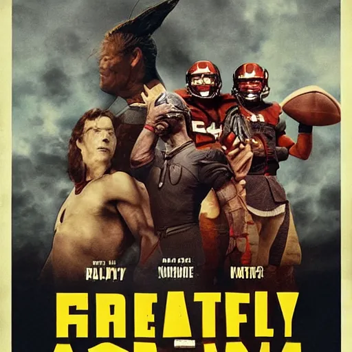 Prompt: a movie poster about fantasy races fighting over an american football