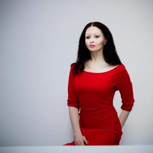 Image similar to Stunning modern studio photograph of the real female model named Mona Lisa standing in a white room wearing a red dress, XF IQ4, f/1.4, ISO 200, 1/160s, 8K, RAW, unedited, symmetrical balance, in-frame, sharpened