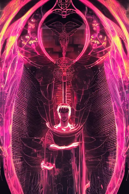 Image similar to white arc-angel with mystic robotic wings, blade runner, akira, ghost in the shell, 2077, style of Laurie Greasley and Satoshi Kon + symmetric lights and smoke, psychedelic effects , glowing particles, neon rain, glowing runes, de-noise, symmetrical composition, high detailed + tarot card, ornate border, 8k