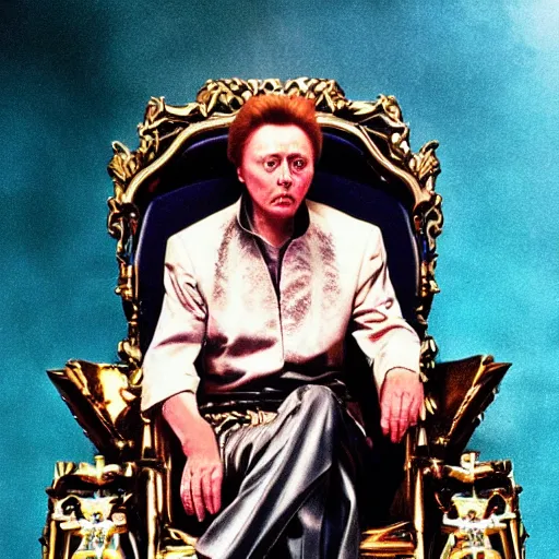 Image similar to Christopher Walken as a menacing space emperor seated on an ostentatious throne