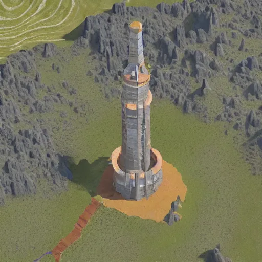 Image similar to Aerial view of a wizard's tower, surrounded by mines and caves