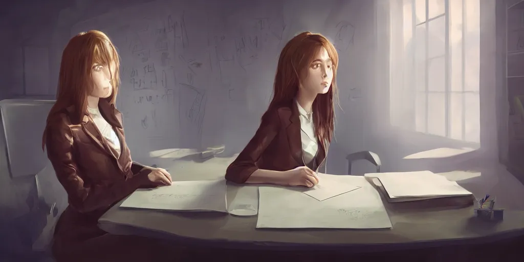 Prompt: an environmental concept art of a female student sitting at a desk, highly detailed, cinematic, dramatic lighting, close shot by francis tneh