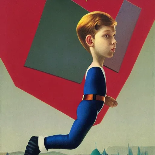 Image similar to boy-wonder proves to the science journal that he can fly by Raphael, Hopper, and Rene Magritte. detailed, romantic, enchanting, trending on artstation.