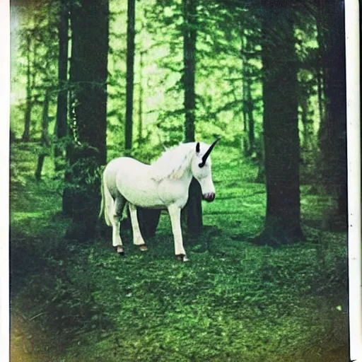 Image similar to polaroid photo of a unicorn! in a forest in the 1 9 6 0 s