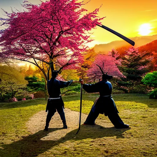 Prompt: samurai duel, both samurai have katana drawn, in a fighting pose, sunset in the background, cherry trees blossoming and Japanese maple trees, autumn, professional photograph