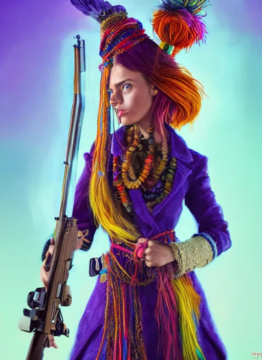 Prompt: an anthropomorphic beautiful goddess female wizard portrait holding rifle wearing colourful robe, colourful dreadlock breed hair, fine art, award winning, intricate, elegant, sharp focus, octane render, hyperrealistic, cinematic lighting, highly detailed, digital painting, 8 k concept art, art by jamie hewlett masterpiece, trending on artstation, 8 k