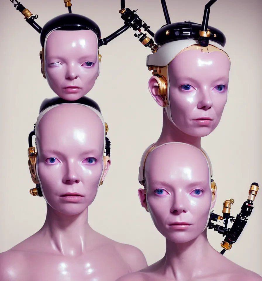 Image similar to portrait of a alien futuristic cyborg wearing a gold pipes fitted beauty mask and pink hair buns, wearing a black bodysuit by alexander mcqueen, cream white background, perfectly symmetric, soft diffused light, biotechnology, humanoid robot, hanging electrical cables and pipes, bjork aesthetic, translucent, by rineke dijkstra, intricate details, highly detailed, masterpiece,