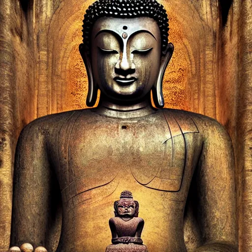 Image similar to An incredibly huge and influential statue of buddha found after years of contemplating, travelling and exploring in lucid dreams finally leading towards the answer to the question you didn't even know you had, digital art, fantastical details, amazing artwork, award winning