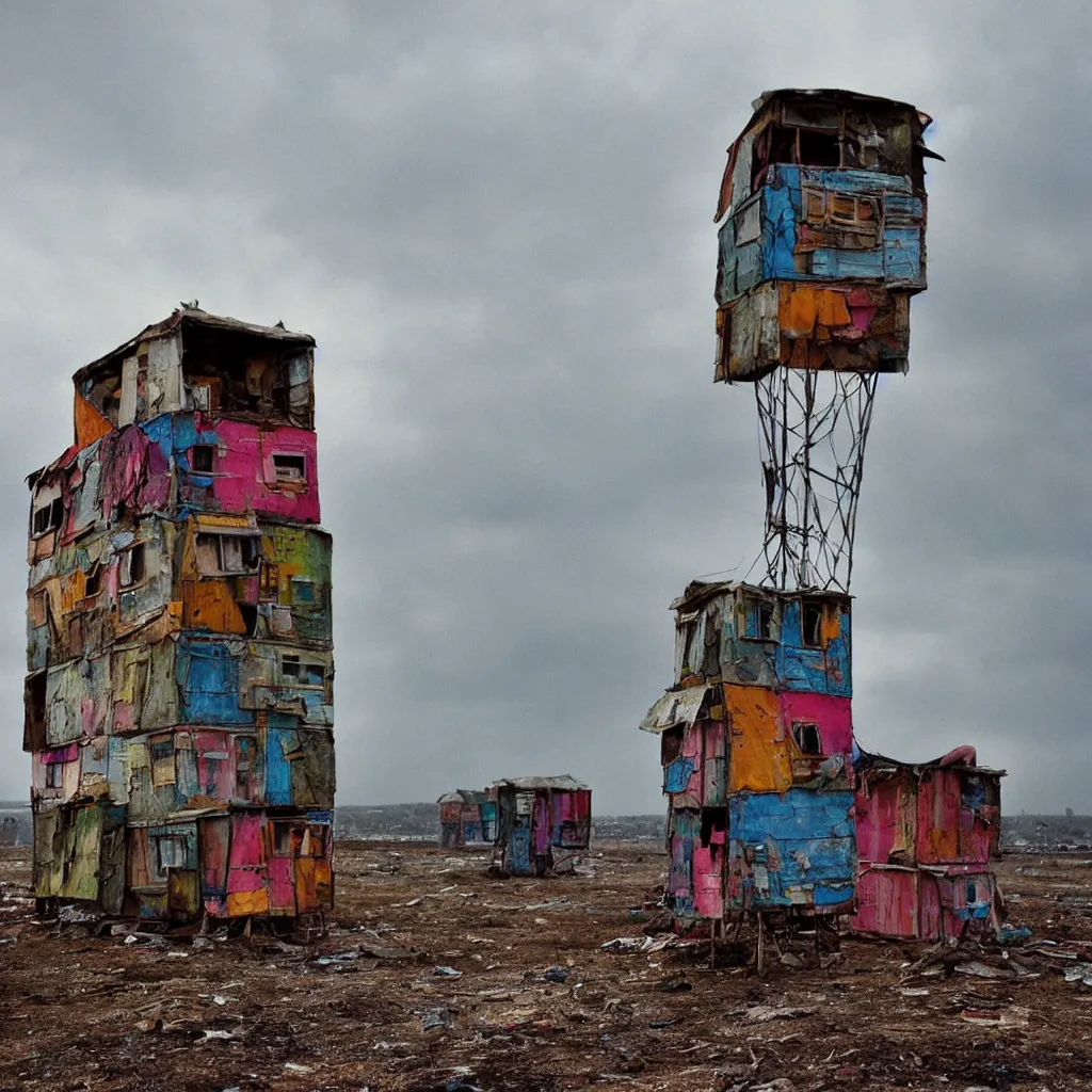 Prompt: close - up view of a tower made up of colourful makeshift squatter shacks, bleached colours, moody cloudy sky, dystopia, mamiya rb 6 7, very detailed, photographed by bruno barbey and brett whitely