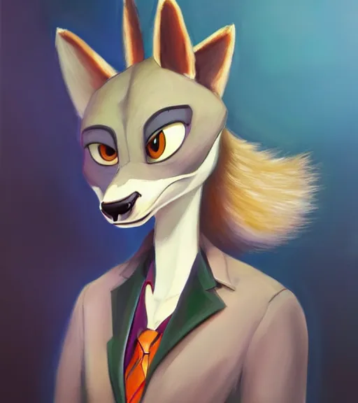 Image similar to oil painting of anthromorphic female wolf, in style of zootopia, zootopia, zootopia, fursona, furry, furaffinity, 4 k, deviantart, furry art, fursona art, wearing black business suit, business suit, in style of zootopia, wolf fursona, cyberpunk, female, expressive detailed feminine face,