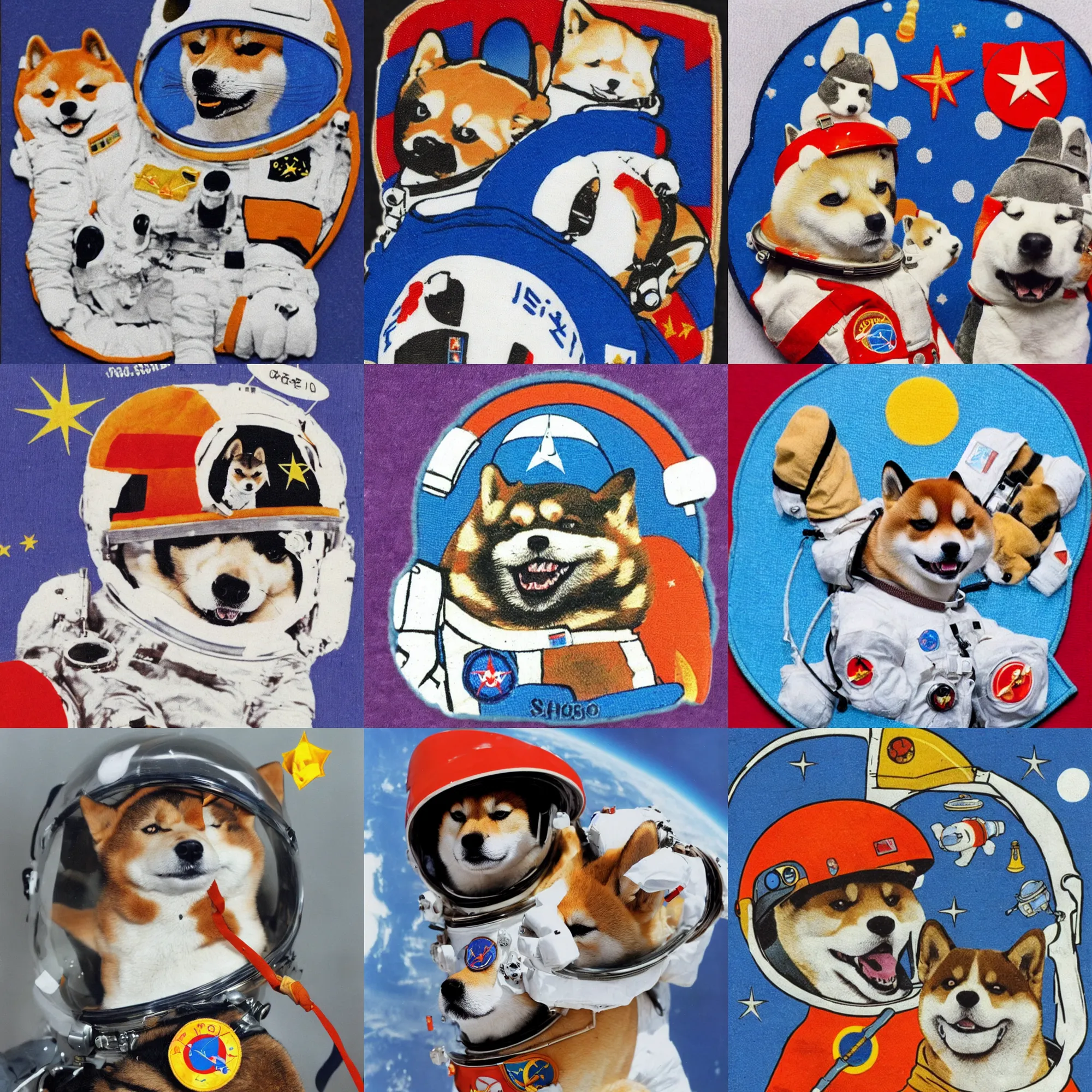 Prompt: Shiba Inu cosmonaut wearing helmet, 60s soviet space round mission patch