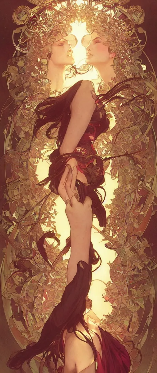 Image similar to happy appearance, joyful vibe and lighting, art by artgerm and greg rutkowski and alphonse mucha