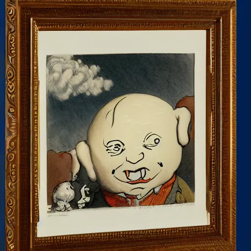 Prompt: candid portrait of white ball with a human face mouth open, surrounded by clouds, illustrated by peggy fortnum and beatrix potter and sir john tenniel