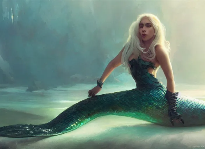 Image similar to lady gaga as a mermaid, intricate, sharp focus, lens flare, bloom, illustration, highly detailed, digital painting, concept art, matte, art by ruan jia and wlop and greg rutkowski