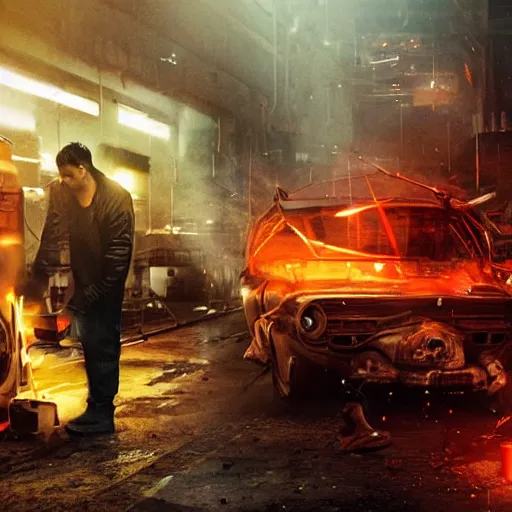 Image similar to augmented human repairing old imac, dark messy smoke - filled cluttered workshop, dark, dramatic lighting, orange tint, cinematic, highly detailed, sci - fi, futuristic, movie still from blade runner