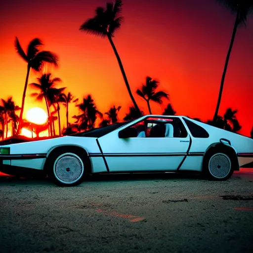 Image similar to miami beach sunset vapor wave palm trees 80s synth retrowave delorean decal car wide shot epic post apocalyptic landscape miami nuke fire craters end of the world