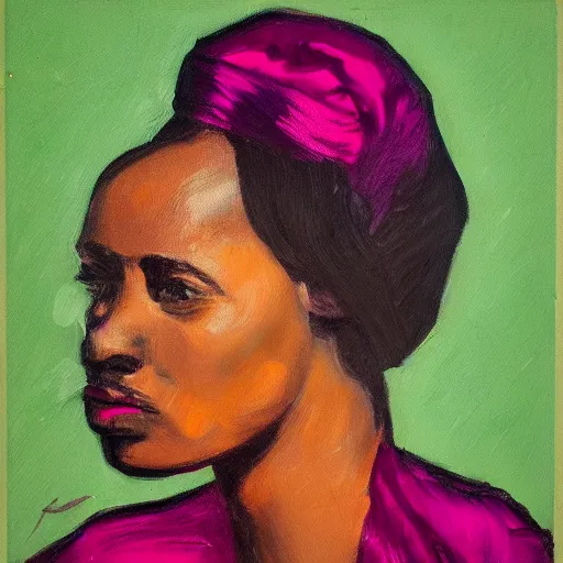 Prompt: profile portrait in angolan realist style, quinacridone magenta, azo green, titanium white, tonalist, romanticist, high - contrast, art nouveau, expressive, modeled lighting