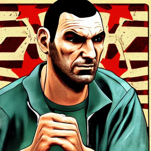 Image similar to Niko Bellic as a gta san andreas loading screen, by stephen bliss