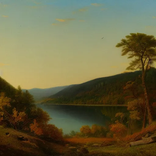 Prompt: hudson river school painting, naturalism, great river, Phragmites, steep mountains on the left, idyll, epic, 4k