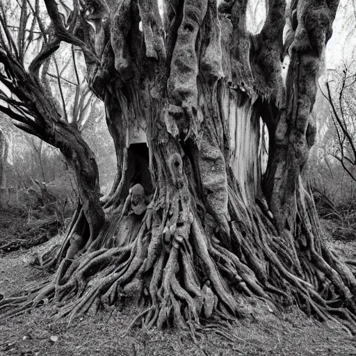 Image similar to a old gnarled tree, bark covered in the suggestion of faces, a group of misfits climb the tree, edge of a eerie forest, cursed grounds, something feels off