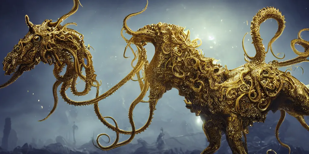 Prompt: a photo of 8k ultra realistic corrupted lovecraftian golden horse, 8 intricate white and gold tentacles, ornate white and gold armour, cinematic lighting, trending on artstation, 4k, hyperrealistic, focused, extreme details, unreal engine 5, cinematic, masterpiece