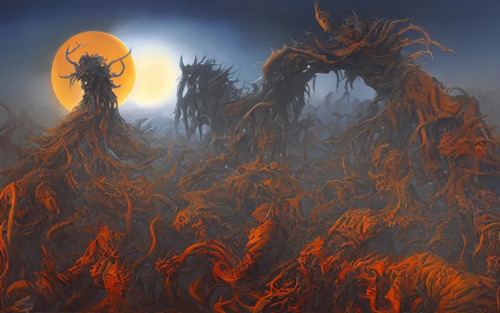 Prompt: black dead sun howling nightmare mythos dread sun of the void above the tomb wastes, award winning oil painting by Michael Whelan, dream mythos color palette