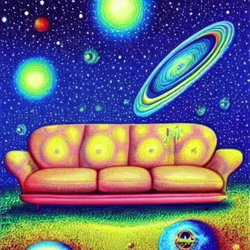 Image similar to psychedelic trippy couch in space, planets, plants, flowers, mushrooms milky way, sofa, cartoon by rob gonsalves