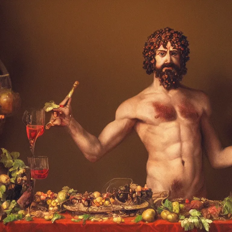 Prompt: raw, unsettling portrait of Dionysus, the Greek god of wine, drinking at the party to forget his heartbreak by 20th-century artist Francis Bacon, cinematic, hyper realism, octane render, 8k, depth of field