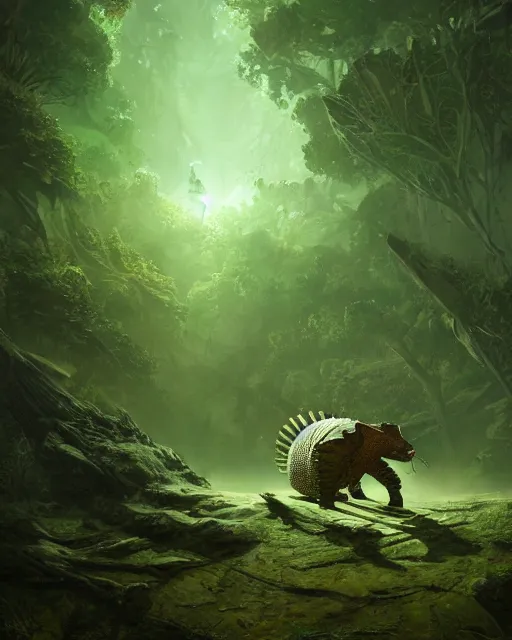 Image similar to Armadillo in armor, green, forest background, magic the gathering artwork, D&D, fantasy, cinematic lighting, centered, symmetrical, highly detailed, digital painting, artstation, concept art, smooth, sharp focus, illustration, volumetric lighting, epic Composition, 8k, art by Akihiko Yoshida and Greg Rutkowski and Craig Mullins, oil painting, cgsociety