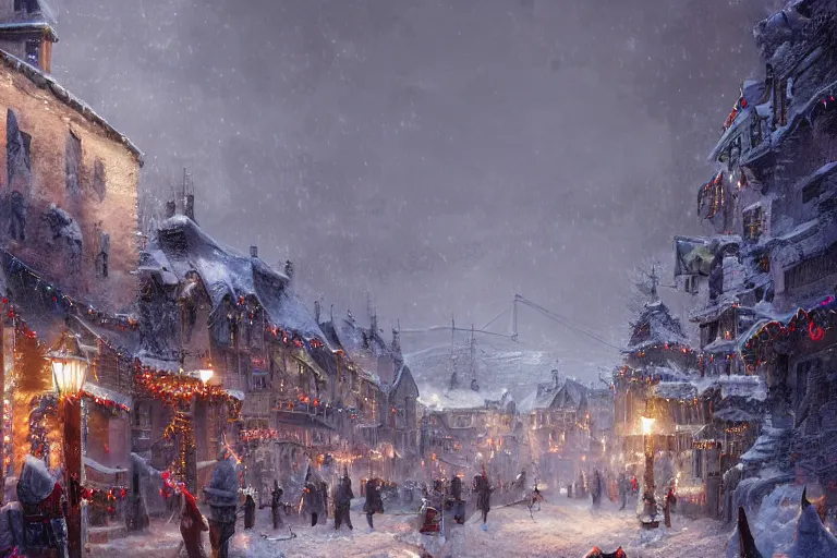 Image similar to a guillotine with christmas lights in the center of town, matte painting, concept art, digital art, trending on artstation, 4 k, extremely detailed, realistic, snowing, by greg rutkowski, cinematic, epic