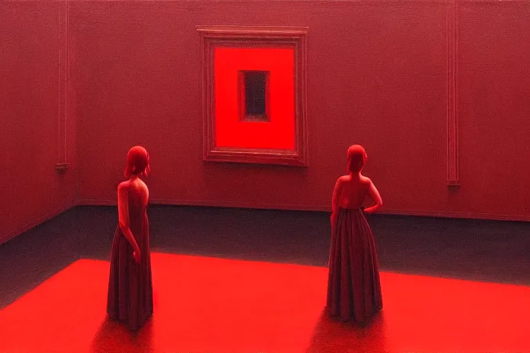 Image similar to only with red, crowd delirious at the sight of a painting, in a city square, in the style of beksinski, parts by edward hopper, parts by rodcenko, parts by yue minjun, intricate and epic composition, red by caravaggio, insanely quality, highly detailed, masterpiece, red light, artstation, 4 k