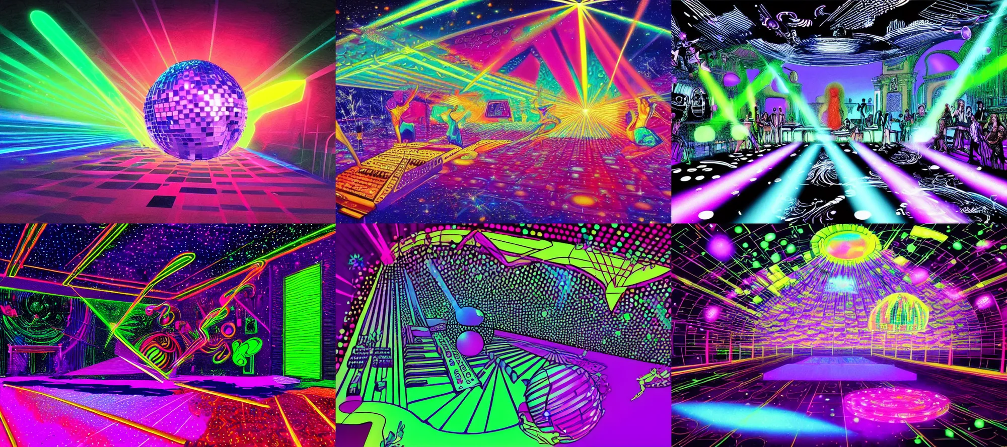 Prompt: disco, jazz, vaporwave, groovy, dancing, piano disco ball dance floor neon laser spotlights | digital drawing by thomas cole, terese nielsen, and edvard escher guay, magically shaped surrealism, trending on artstation