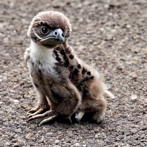 Prompt: cute baby raptor with feathers sitting on the ground