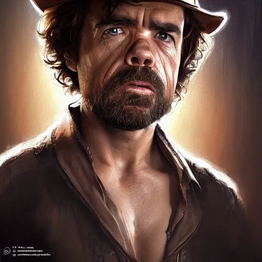 Image similar to peter dinklage as indiana jones, digital painting, extremely detailed, 4 k, intricate, brush strokes, mark arian, artgerm, bastien lecouffe - deharme