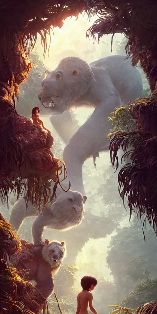 Image similar to still from the jungle book if made by krenz cushart and wenjun lin, portrait, illustration, rim light, top light, summer clear blue sky, perfectly shaded, soft painting, epic, intricate, art