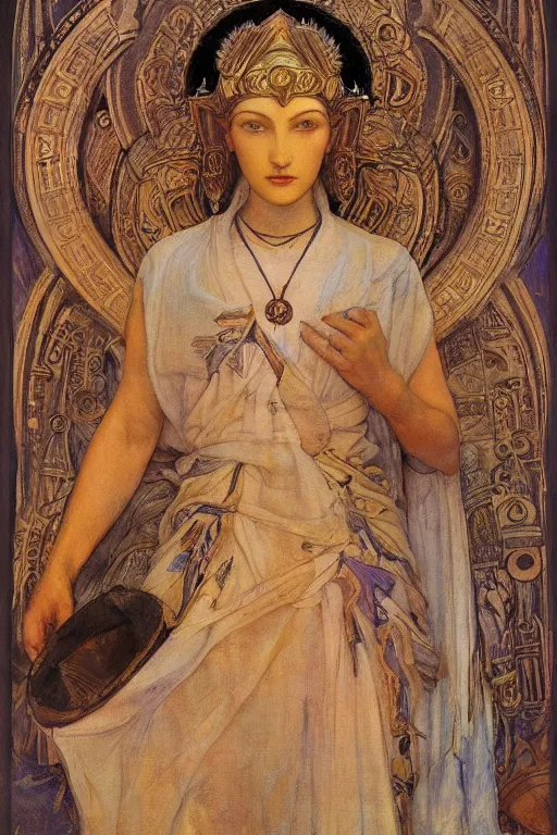 Image similar to goddess of the ancient city by Annie Swynnerton and Nicholas Roerich, strong dramatic cinematic lighting , ornate headdress , flowing robes, lost civilizations, smooth, sharp focus, extremely detailed