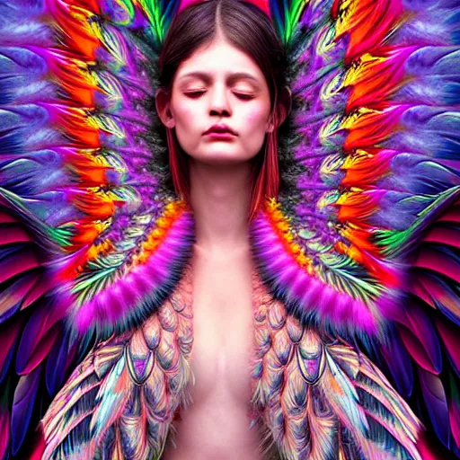 Image similar to extremely psychedelic portrait of a girl transforming into a feathered bird, covered in feathers, wings, flying, surreal, fantasy, intricate, elegant, dramatic lighting, emotional, symbolic metaphor, highly detailed, lifelike, photorealistic, digital painting, artstation, concept art, smooth, sharp focus, illustration, art by John Collier and Krenz Cushart and Artem Demura and Alphonse Mucha and Albert Aublet