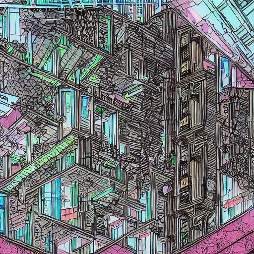 Prompt: an architectural section drawing of an organic cyberpunk building made of vivid organs