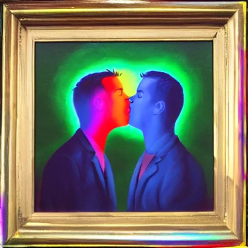 Prompt: two gay men kissing as rainbows explode their heads, oil painting