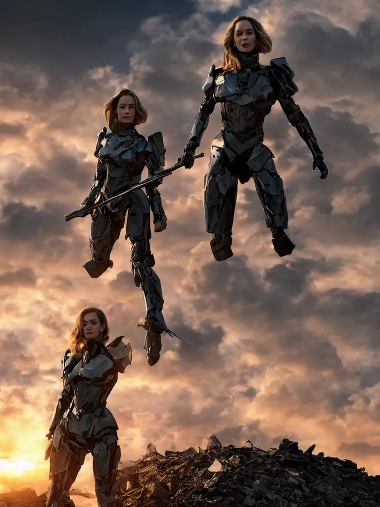 Image similar to emily blunt in futuristic power armor, by herself, holding a sword, standing atop a pile of rubble, sunset and big clouds behind her