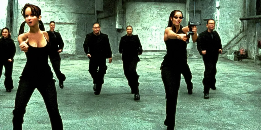 Image similar to Jennifer Lawrence fighting agents in matrix