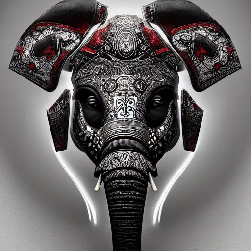 Image similar to futuristic elephant head, symmetrical, intricate black shaman ornaments, black oak patterns, iridescent reflection, mask big, mech mask, robotic ganesha head, mecha - elephant, white backround, graphic design, black white greys and red color, subsurface scattering, cyberpunk, unreal engine, octane render, imagined by devarshy