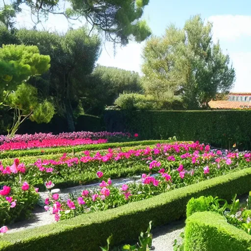 Prompt: ile de re house with a garden full of tremiere rose, sixty stores, white walls, orange roof