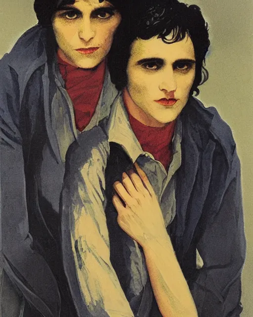 Prompt: two beautiful but sinister young men wearing oxford shirts in layers of fear, with haunted eyes and dark hair, 1 9 7 0 s, seventies, wallpaper, a little blood, moonlight showing injuries, delicate embellishments, painterly, offset printing technique, by brom, robert henri, walter popp